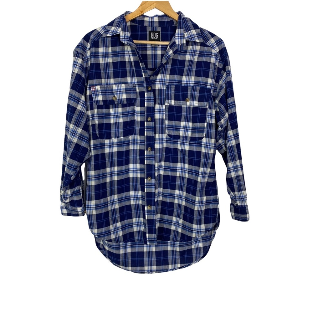 BDG Women’s Blue Plaid Long Sleeves Buttons Hi Low Cotton Shirt size S in EUC - Picture 2 of 11